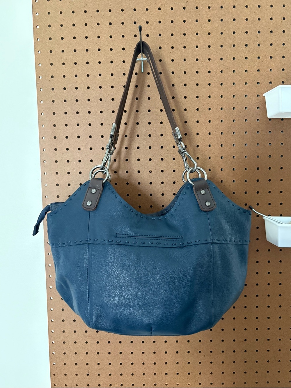 THE SAK 16" Solid Blue Leather Bag Vintage Brown Strap Handbag - Picture 2 of 7